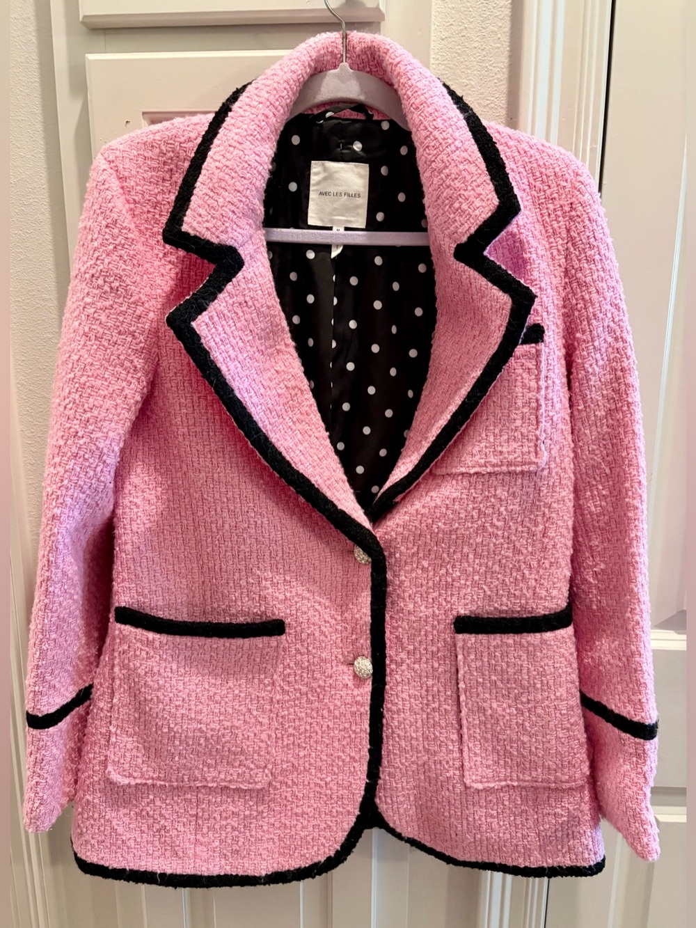 AVEC LES FILLES Pink Bouclé Blazer w/Black Trim, crystal buttons & Fully Lined